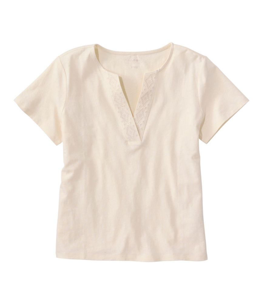 Women's Lakeside Linen/Cotton Tee, Short-Sleeve Embroidered Splitneck - US 1126